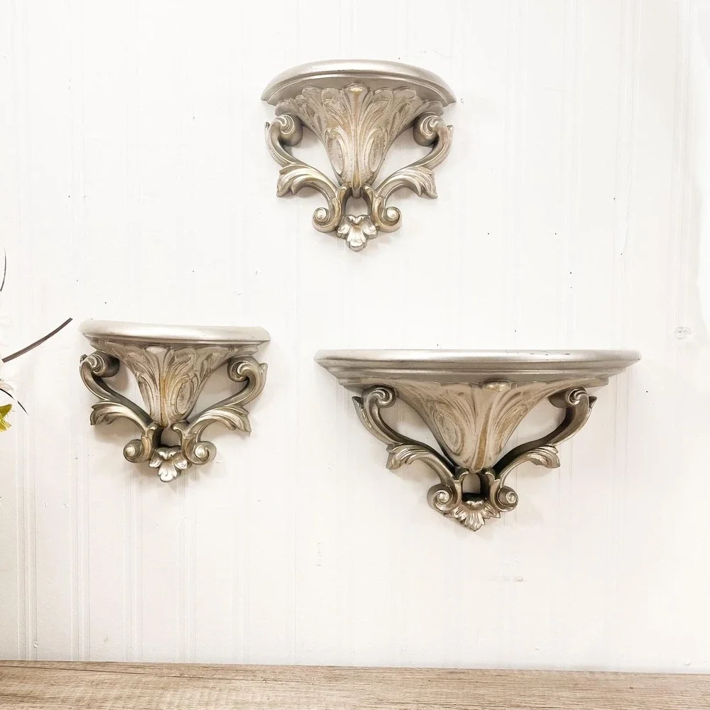 Ornate Gray Gold Wall Shelf Set – Vintage Gothic Burwood Decor